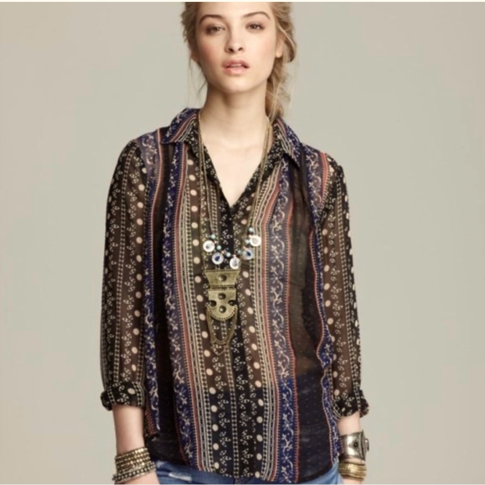 Free People Sheer Multicolor Striped Boho Blouse